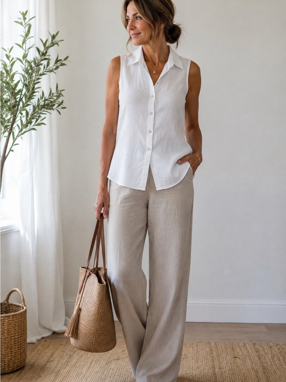 Richard Malcolm 100% Irish Linen White Sleeveless Button Front Blouse Size L
